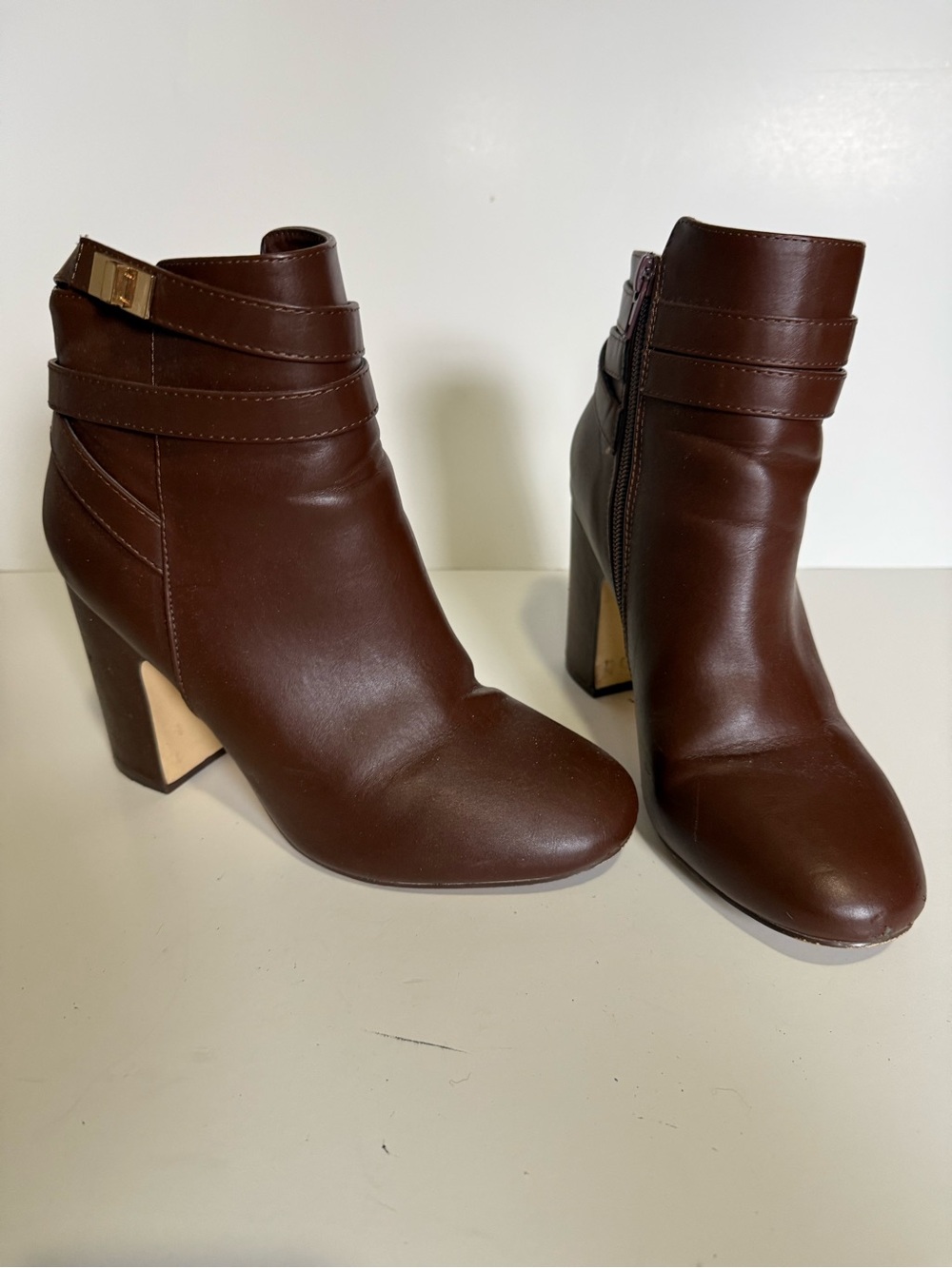 Women's Brown Leather Ankle Booties - Classic Block Heel